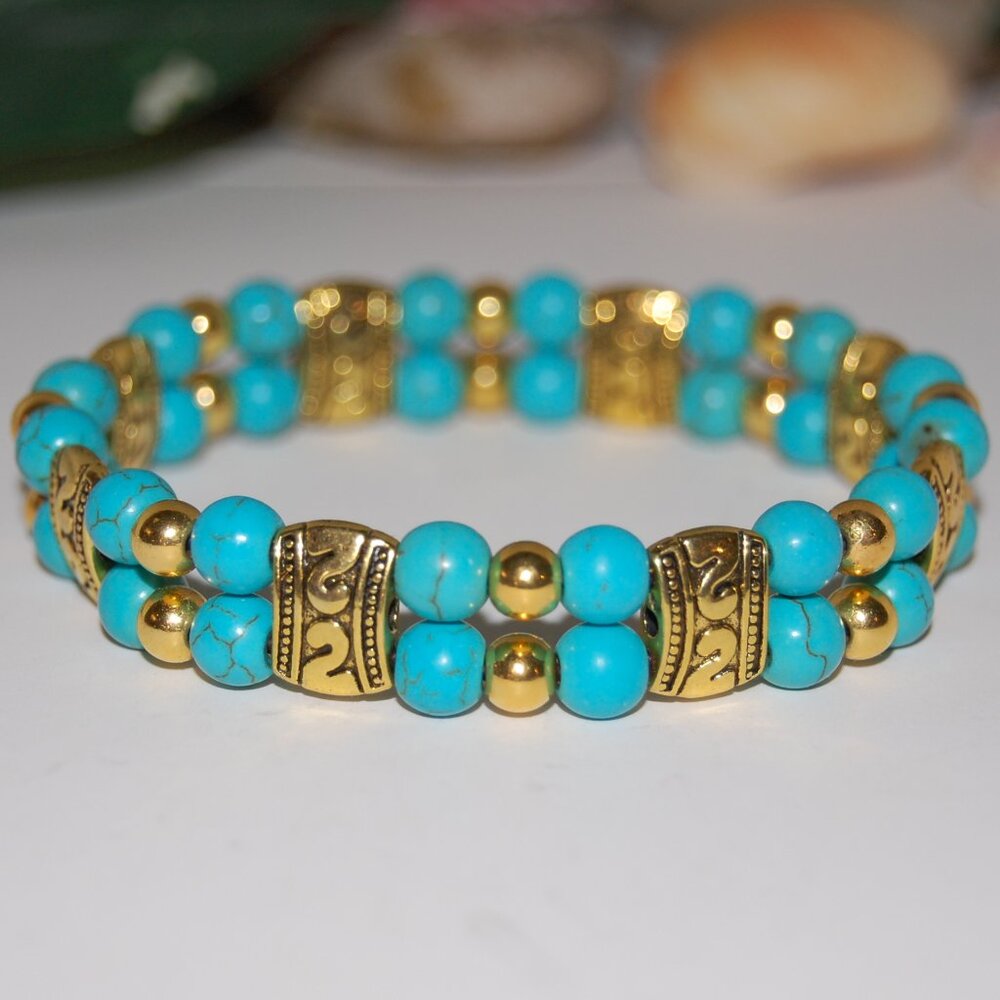 Turquoise Bracelet,Double Beaded Bracelet,Blue and Gold Bracelet